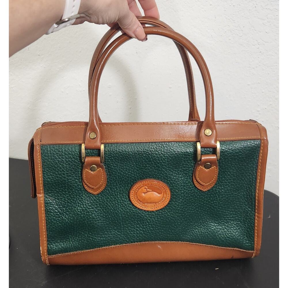 VTG Dooney Bourke Green Brown Pebble Leather Purse Bag Large Duck Logo Made USA